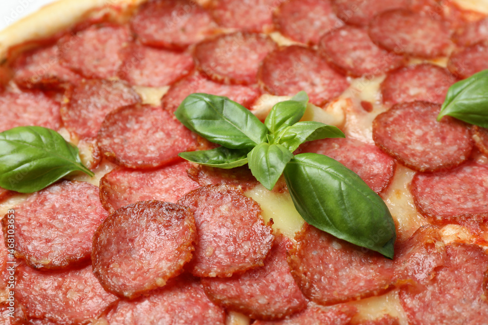 Salami pizza, close up and selective focus Salami pizza, close up and selective focus