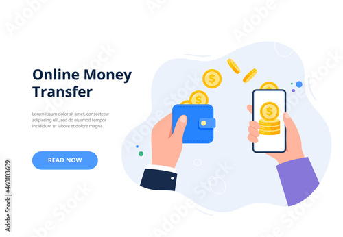 Online money transfer concept. Send money from a wallet to an online bank account. Cash and non-cash money turnover. Trendy flat vector illustration for banners, landing page template, mobile app.
