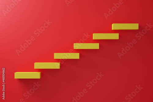 Yellow block stack as stair step on red background. Success, climbing to the top, Progression, business growth concept. 3D Render Illustration.