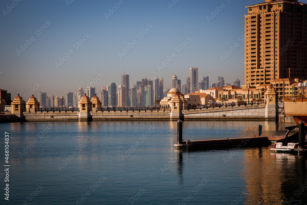 Doha,Qatar,27/01/2016-The marina waterfront walkway at the Pearl in Doha, Qatar, with shops and restaurants