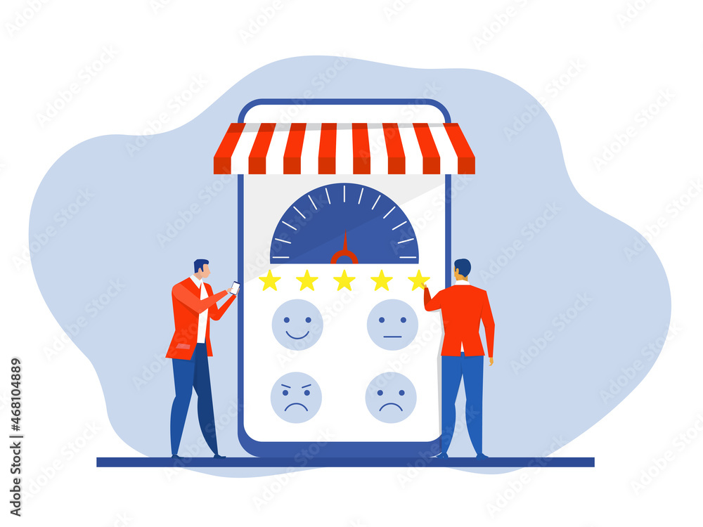 Businessman analysis review star on laptop mobile Feedback concept. Illustration vector. Businessman analysis review star on laptop mobile Feedback concept. Illustration vector.