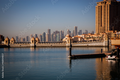 Doha Qatar 27 01 2016-The marina waterfront walkway at the Pearl in Doha  Qatar  with shops and restaurants