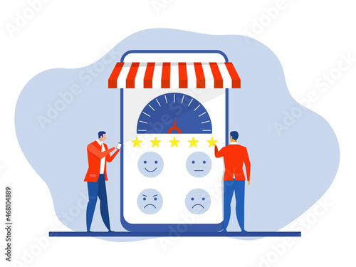Businessman analysis review star on laptop mobile Feedback concept. Illustration vector.