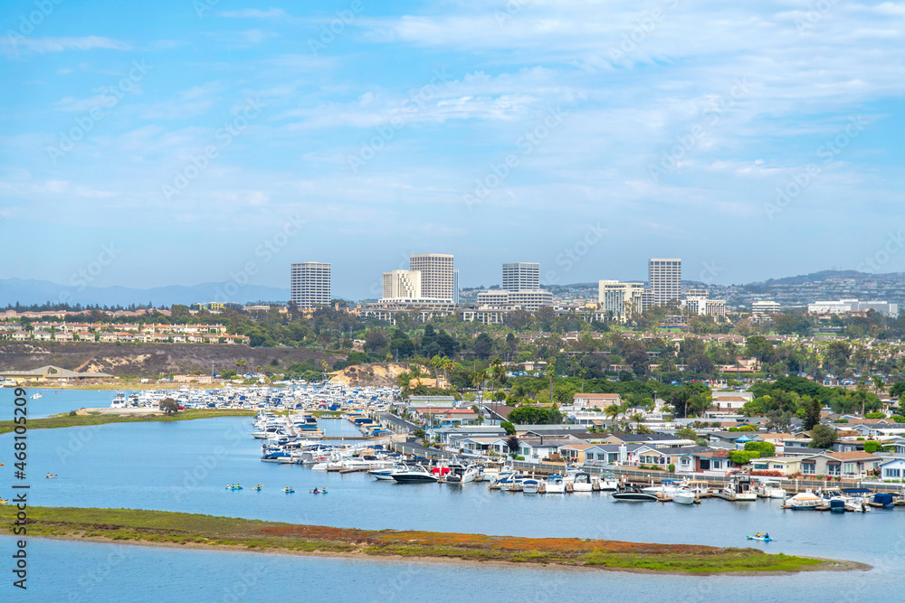 High angle view of Newport Beach harbor in Orange County, California