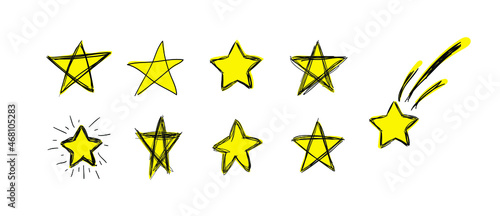 Vector Colorful Handdrawn Doodle Stars Sketches Set, Scribble Drawings, Bright Yellow Color, Set Isolated on White Background.