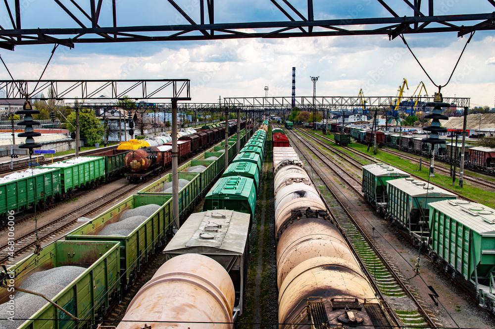 Transporting Train Rails Train carriages for the transportation of goods on railways. Rail ...
