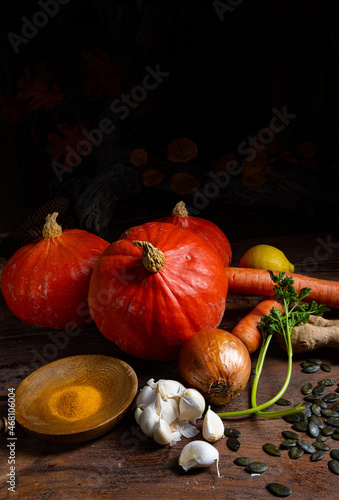 Pumpkin soup, delicious ingredients photo