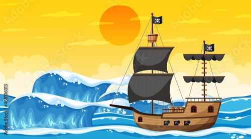 Ocean with Pirate ship at sunset time scene in cartoon style