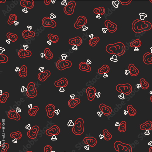 Line Earplugs and ear icon isolated seamless pattern on black background. Ear plug sign. Noise symbol. Sleeping quality concept. Vector