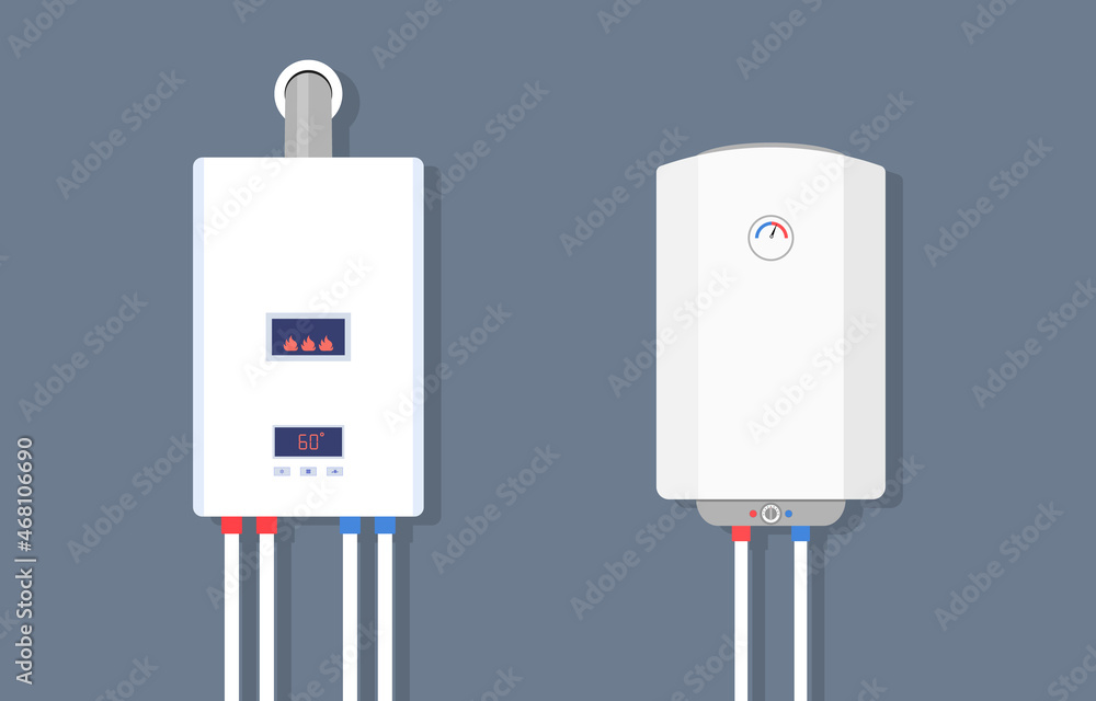 Gas boiler and electric water heater. Home furnace, tank isolated on blue  background. System of combi