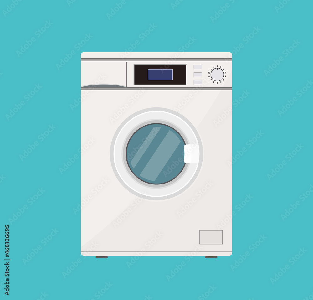 Wash machine. Close washer. Icon of laundry. Wash machine with drum, window, door, button and item panel. Washingmachine with detergent in laundering process. Home equipment in front. Vector Wash machine. Close washer. Icon of laundry. Wash machine with drum, window, door, button and item panel. Washingmachine with detergent in laundering process. Home equipment in front. Vector