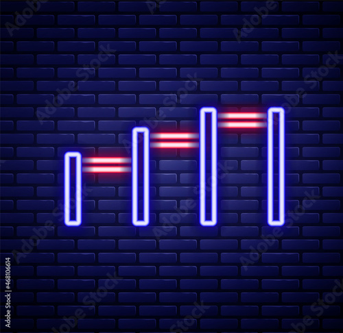 Glowing neon line Sport horizontal bar icon isolated on brick wall background. Colorful outline concept. Vector