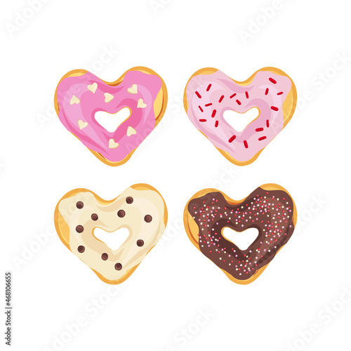 Heart shaped donuts vector clip art set isolated on white. Valentines day sweets illustration collection. Sweet treats graphic elements for romantic design