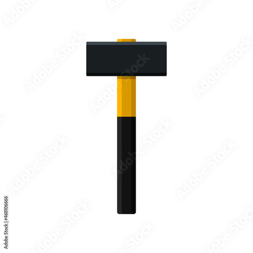 Hammer. Iron of sledge. Big wooden sledgehammer with handle. Icon of tool. Mallet for carpenter, repair and mason. Hammer for construction of house. Illustration for building. Sledge isolated. Vector
