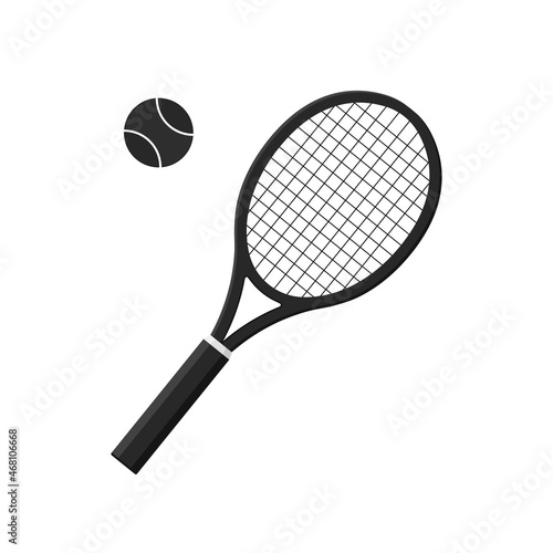 Tennis racket with ball. Icon of racquet for court. Logo of tennis rocket and ball isolated on white background. Sport equipment for game, match, competition. Silhouette for club of badminton. Vector