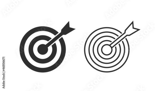 Target icon. Accuracy focus and shot in goal. Objective with arrow. Icon of dart with dartboard. Symbol of opportunity, accurate and mission. Illustration for business strategy, performance. Vector.