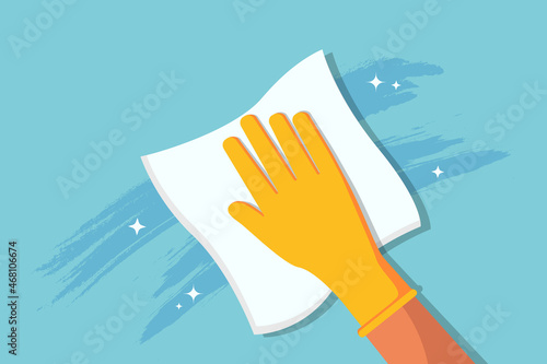 Clean wipe in hand of house worker for disinfect surface. Cloth for cleanliness of bathroom, kitchen, glass. Flat icon of duster with detergent. Service of sanitize against coronavirus. Vector