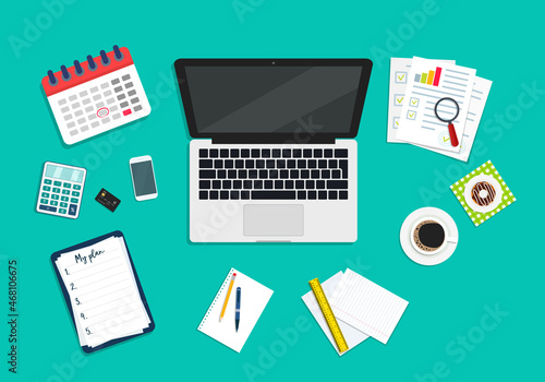Desk top in office. Workspace with laptop, document, phone, coffee and food. Flat icon of business desktop top view. Above workplace with computer, calculator, plan. Concept of organization. Vector