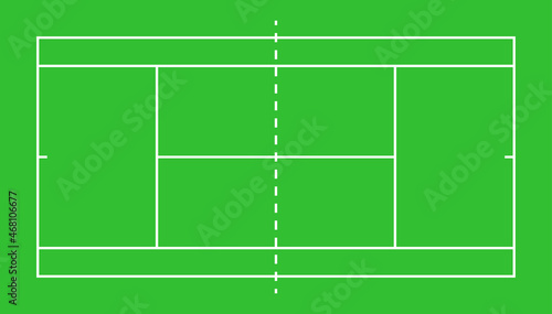 Tennis court top view. Badminton field. Graphic square for tennis court. Icon of wimbledon competition. White lines on green background. Illustration for sport pitch, plan and stadium. Vector