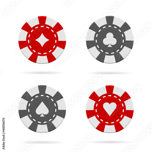 Poker chip of casino. Token or coin isolated on white background. Jackpot and blackjack in roulette. Set of red and black chips for game in Las Vegas. Icon for gambling. Logos for bet, play. Vector