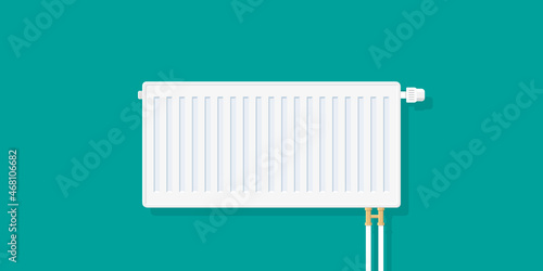 Heater radiator at home. Central heater radiator on wall of room with thermostat, valve and pipe. Heat system in house. Iron heating equipment in front. Icon for cost of energy for warm. Vector