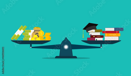 Money for education. Cost of college and invest in school. Scholarship of student. Finance loan, debt for study in university. Stack with dollar for diploma of bachelor. Value tuition concept. Vector