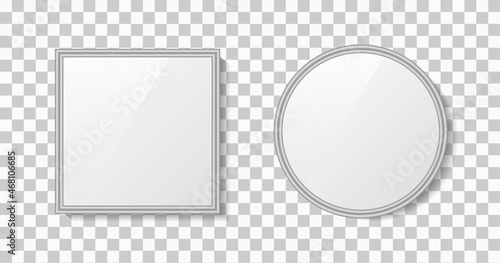 Mirror with frame. Surface of glass with reflection. Mockup of round and rectangle mirror with shadow, reflect. Silver texture isolated on transparent background. Decoration of interior. Vector