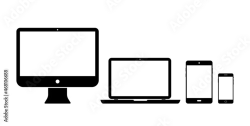 Tablet, computer, laptop and phone icon. Digital device with screen, internet and app. Pictogram of smartphone, pc and tablet on desktop. Black electronic devices for data. Vector
