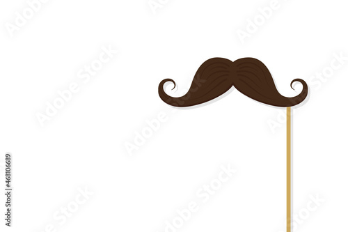 Mustach on stick. Paper moustache for carnival. Flat cartoon mustache for party. Fake mustach with stick for fathers day isolated on white background. Comedy cardboard moustache. Vector
