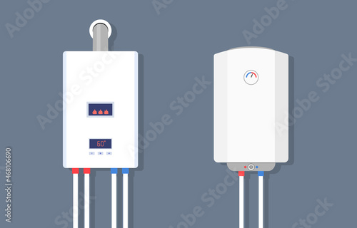 Gas boiler and electric water heater. Home furnace, tank isolated on blue background. System of combi heating. Smart gas boiler with burner for heat water with hot, cold pipe and control. Vector.