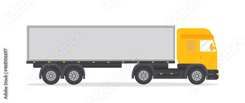 Truck for cargo delivery. Lorry in side view. Long articulated trailer with car for heavy cargo. Flat icon of vehicle with container for moving goods. Mockup of truck with engine, wheel, door. Vector