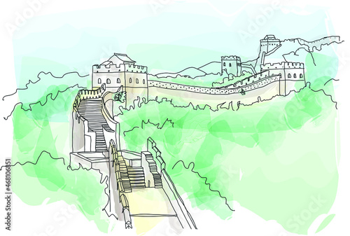 The Great Wall of China. Watercolor landscape, illustration  for travel magazine, social media post, poster, web 