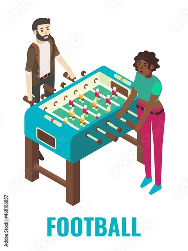 Couple playing football arcade game, vector isometric illustration. Game club attractions, fun activities, entertainment