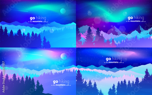 Northern Lights, Aurora in the Arctic, Night boreal. Travel concept, discovering, exploring. Mountain landscape. Hiking tourism. Adventure. Minimalist graphic flyers set. Polygonal flat design. Vector
