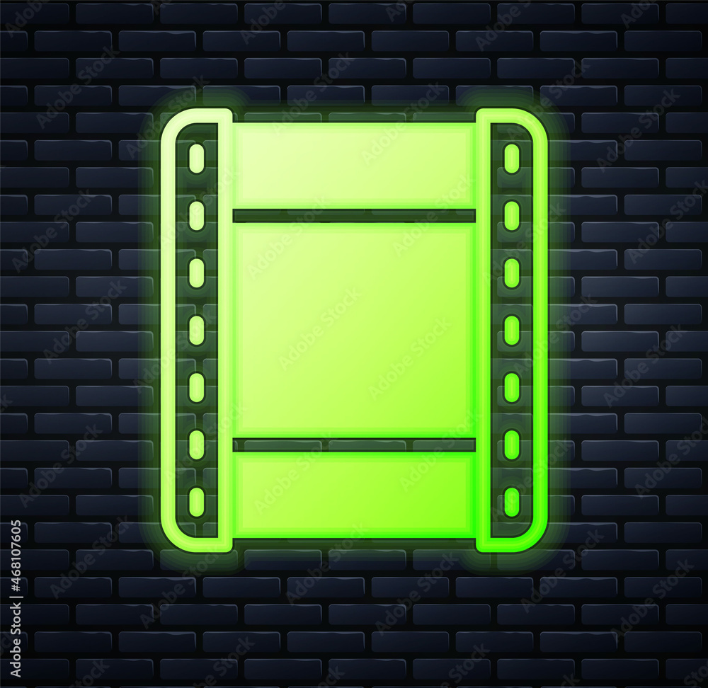 Glowing neon Play video icon isolated on brick wall background. Film strip sign. Vector Glowing neon Play video icon isolated on brick wall background. Film strip sign. Vector