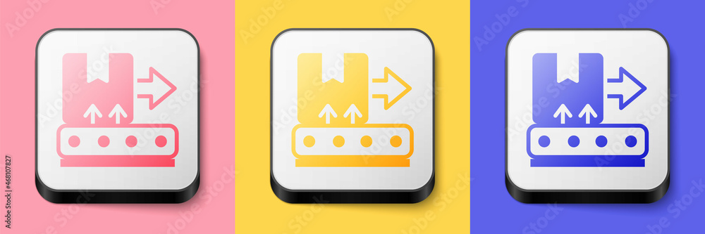 Isometric Conveyor belt with cardboard box icon isolated on pink, yellow and blue background. Square button. Vector Isometric Conveyor belt with cardboard box icon isolated on pink, yellow and blue background. Square button. Vector