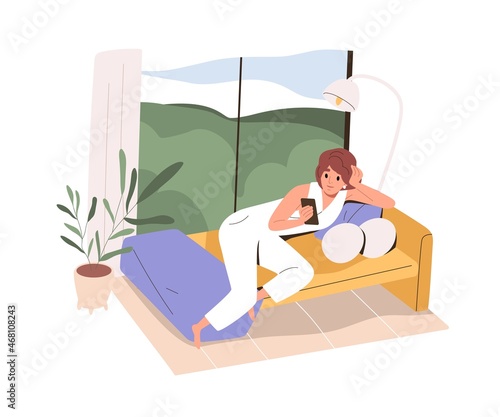 Person use mobile phone, surfing social media at home. Woman resting with sma...