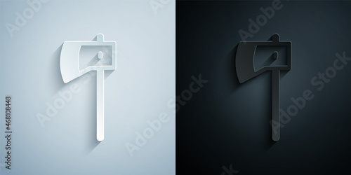Paper cut Wooden axe icon isolated on grey and black background. Lumberjack axe. Paper art style. Vector