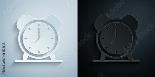 Paper cut Alarm clock icon isolated on grey and black background. Wake up, get up concept. Time sign. Paper art style. Vector