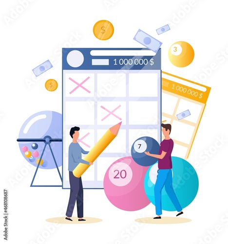 Raffle drum, balls with lucky numbers, man filling out lottery tickets, vector illustration. Lotto, bingo, keno games.