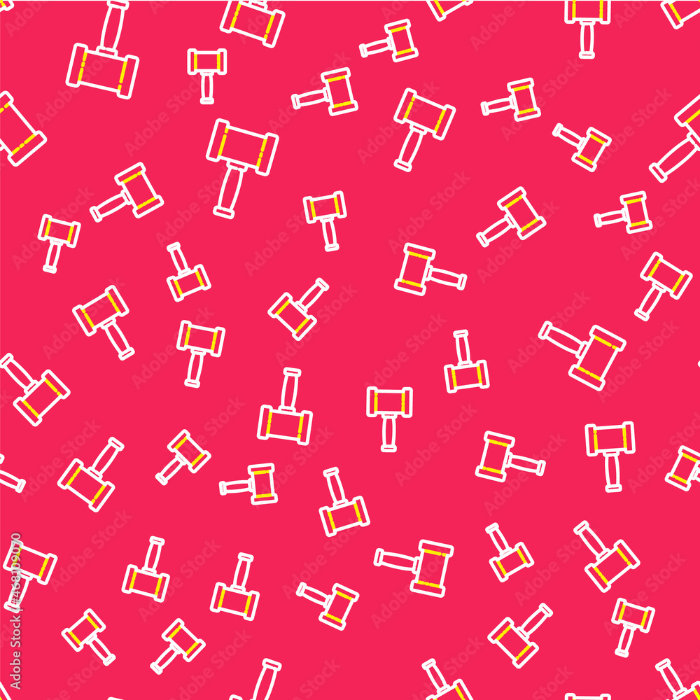 Line Judge gavel icon isolated seamless pattern on red background. Gavel for adjudication of sentences and bills, court, justice. Auction hammer. Vector Line Judge gavel icon isolated seamless pattern on red background. Gavel for adjudication of sentences and bills, court, justice. Auction hammer. Vector