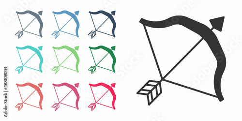 Black Medieval bow and arrow icon isolated on white background. Medieval weapon. Set icons colorful. Vector