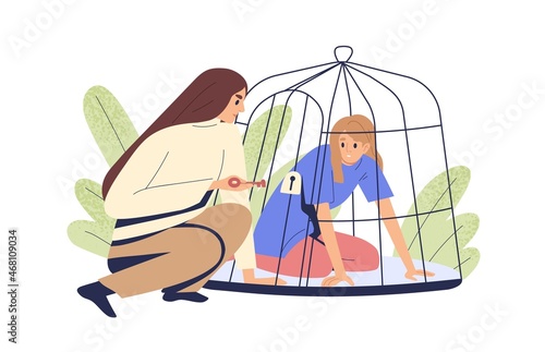 Psychological violence, abuse and oppression concept. Helpless person slave locked in cage by abuser. Woman under total control and dependence. Flat vector illustration isolated on white background