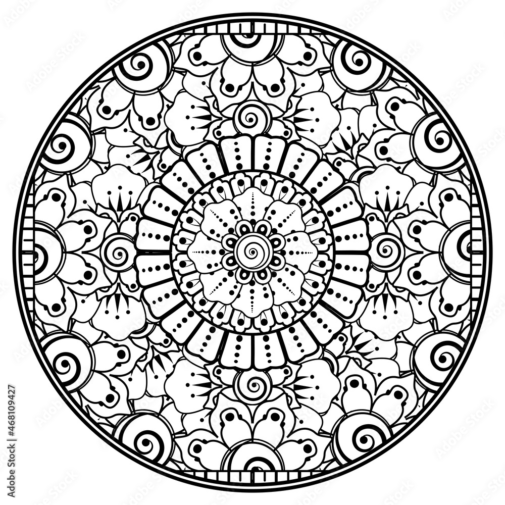 Outline round flower pattern in mehndi style for henna mehndi tattoo decoration.