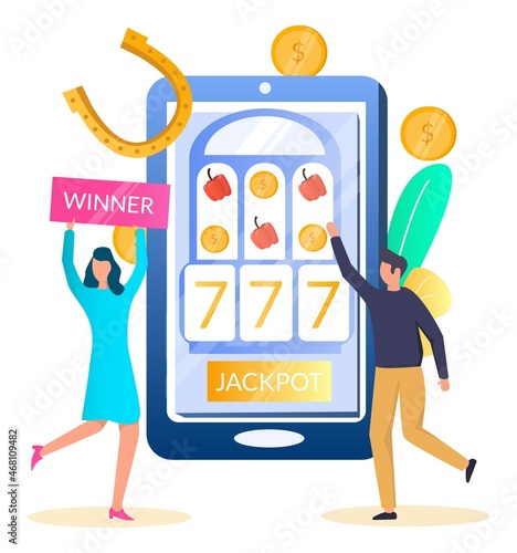 People playing slot games on mobile phone and winning jackpot, vector illustration. Mobile slot app, casino online.