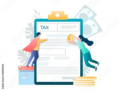 People filing tax form, vector illustration. Tax payment, income tax return filing deadline, taxation concept.