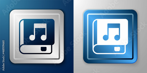 White Audio book icon isolated on blue and grey background. Musical note with book. Audio guide sign. Online learning concept. Silver and blue square button. Vector