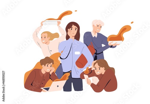 Person in stress among busy office people in rush before deadline. Burnout at work concept. Employees in panic and business project in fire. Flat vector illustration isolated on white background