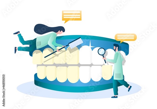 Doctor dentist whitening human teeth, vector illustration. Dentistry, oral health, hygiene, professional teeth bleaching