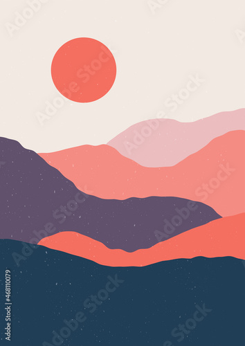 Minimalist abstract mountain landscape. Modern contemporary hand drawn artistic nature scenery poster. Vector illustration